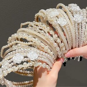 Elegant Pearl and Rose Headbands (3 Bands)